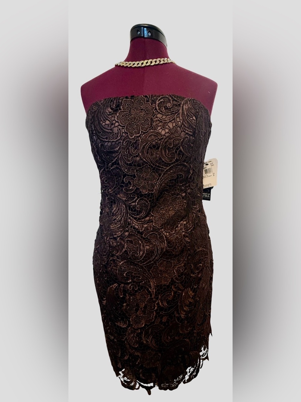 NWT Adrianna Papell Strapless Lace Sheath Dress Brown / Chocolate Petite 8P